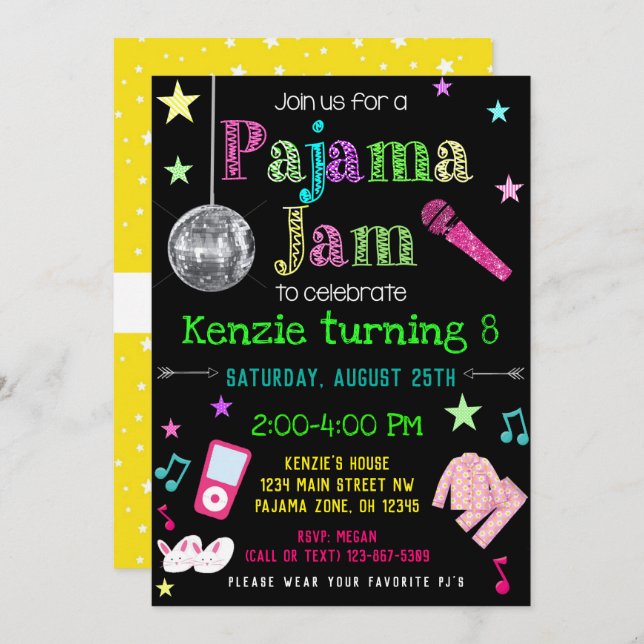 Pajama Jam Party Invite - PJ Dance Party Invite Einladung (Vorne/Hinten)