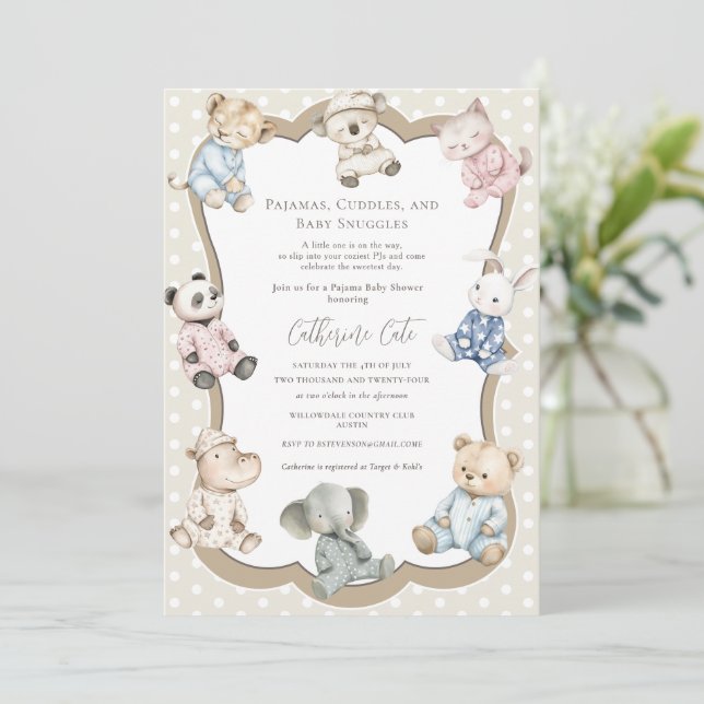 Pajama Party Animal Theme Baby Shower  Einladung (Stehend Vorderseite)
