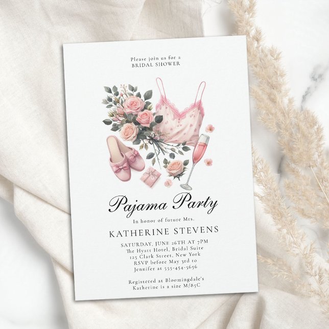 Pajama Party PJ Lingerie Rose Chic Brautparty Einladung (pajama party bridal shower pj slumber sleepover champagne roses watercolor pink elegant classy chic)
