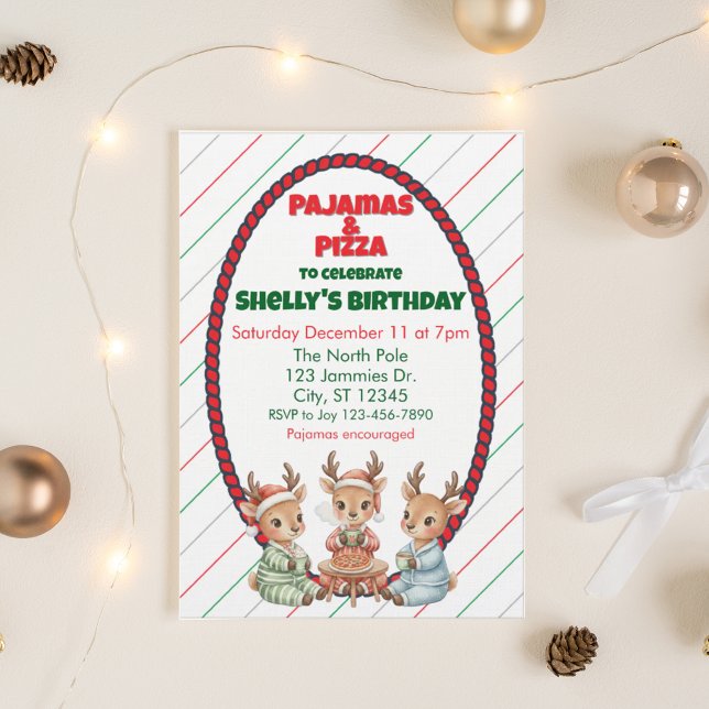 Pajamas & Pizza, Holiday Reindeer Birthday Einladung (Von Creator hochgeladen)