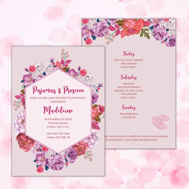 Pajamas & Prosecco Bachelorette Einladung (pajamas and prosecco bachelorette party weekend invitation pink floral elegant bachelorette weekend )