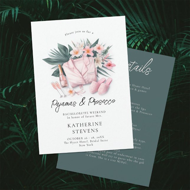 Pajamas Prosecco Bachelorette Tropical 3 Route Einladung (pajamas prosecco bachelorette itinerary invitation champagne tropical floral botanical lingerie pj)