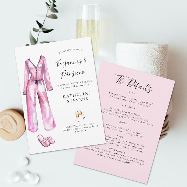 Pajamas Prosecco Chic Junggeselinnen-Abschied Rout Einladung (pajamas and prosecco bachelorette party invitation itinerary watercolor pj slippers champagne classy)