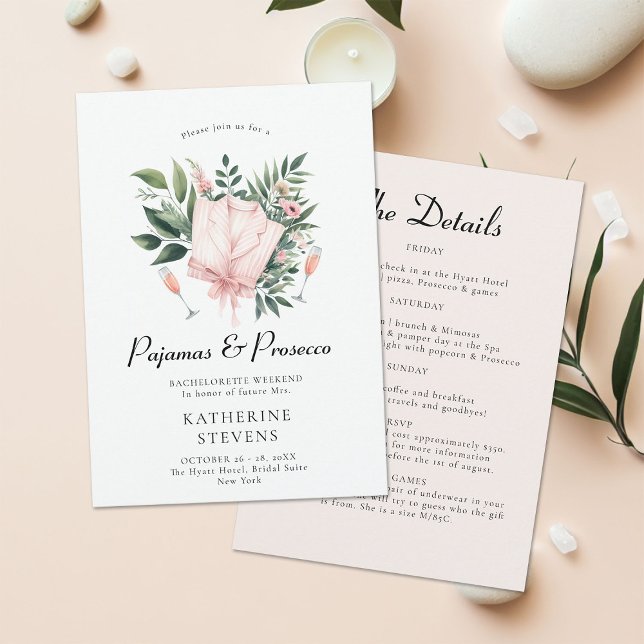 Pajamas Prosecco Leaf Junggeselinnen-Abschied Itin Einladung (pajamas prosecco bachelorette itinerary invitation champagne greenery lingerie pj elegant classy )