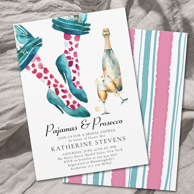 Pajamas Prosecco Lingerie Party Rosa Brautparty Einladung (pajamas and prosecco high heels pj party bridal shower invitation watercolor hot pink teal polka dot)
