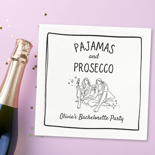Pajamas & Prosecco Personalisierter Junggeselinnen Serviette (Elevate your bachelorette soirée with our whimsical & chic 'Pajamas and Prosecco' custom napkins.)