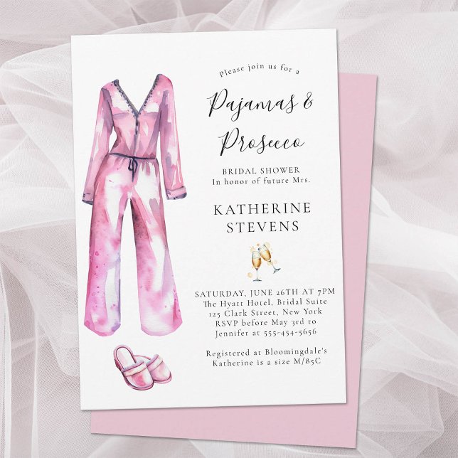 Pajamas Prosecco PJ Lingerie Party Brautparty Einladung (pajamas and prosecco bridal shower invitation watercolor pj slippers champagne elegant pink classy)