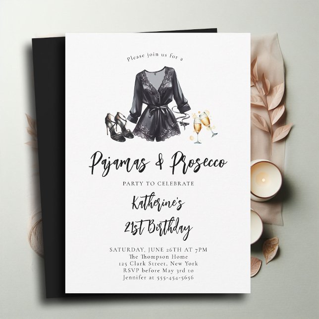 Pajamas Prosecco PJ Party Black Chic 21. Geburtsta Einladung (pajamas and prosecco 21st birthday invitation adult pj party slumber elegant black robe stilettos)
