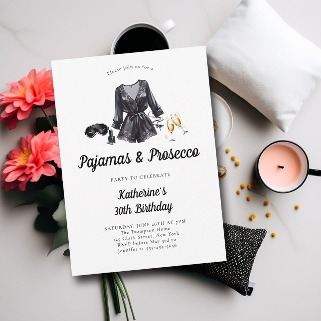 Pajamas Prosecco PJ Party Sassy Bold 30. Geburtsta Einladung (adult sleepover slumber party 30th birthday invitation elegant sassy black chic watercolor stylish)