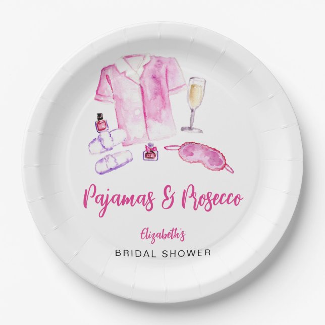 Pajamas und Prosecco Brautparty Rosa Skript Pappteller (Vorderseite)