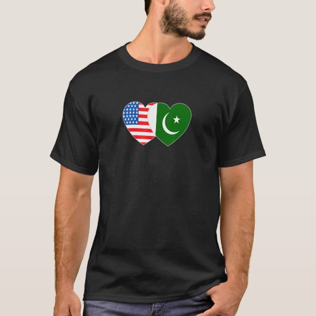 Pakistan & USA Flag Twin Heart für Pakistan Amerik T-Shirt (Vorderseite)