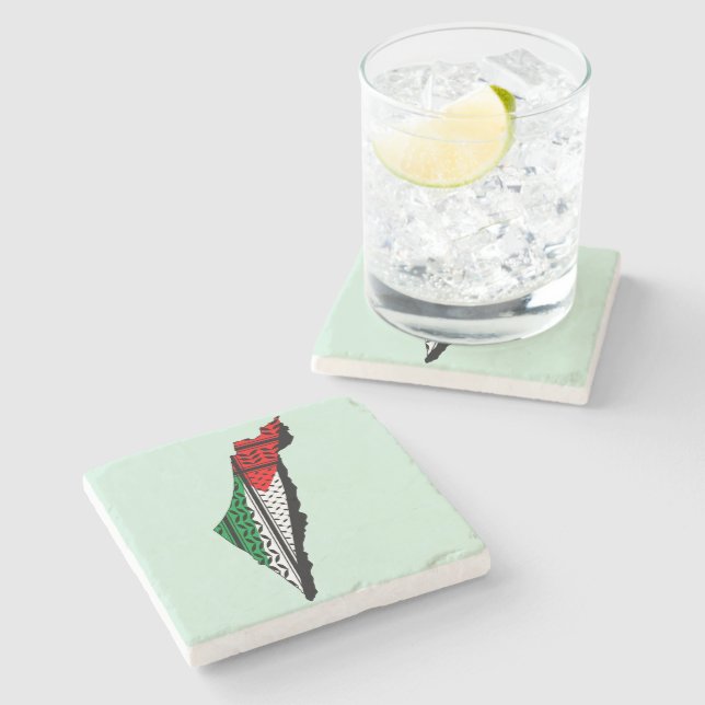 Palästina-Karte mit Flaggen und Keffiyeg-Muster Steinuntersetzer (Seitenansicht)