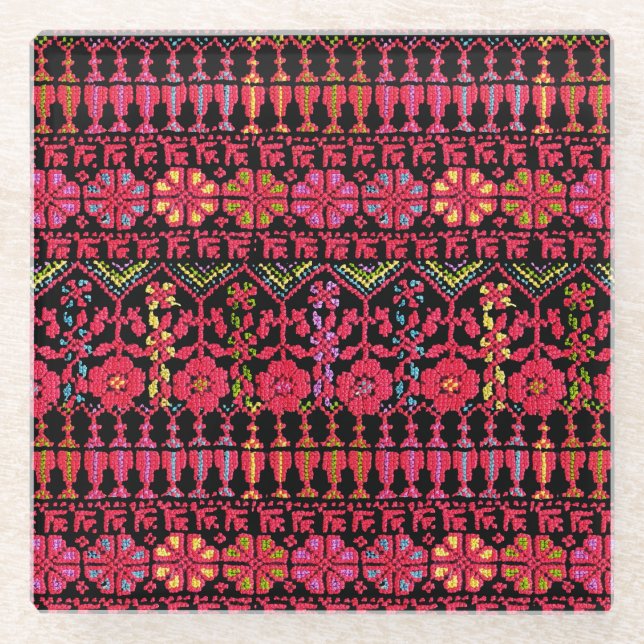 Palästinensische Stickerei Tatreez gedrucktes Desi Glasuntersetzer (Vorderseite)