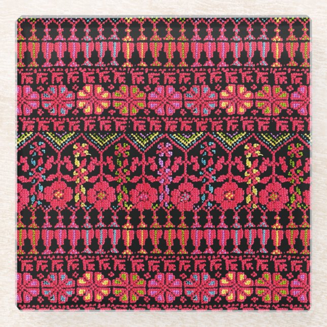 Palästinensische Stickerei Tatreez gedrucktes Desi Glasuntersetzer (Vorderseite)