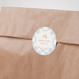 Pale Blue Checkered Cafe Croissant Bakery Runder Aufkleber