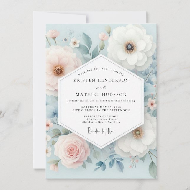 Pale Blue Floral Whimsy Wedding Einladung (Vorderseite)