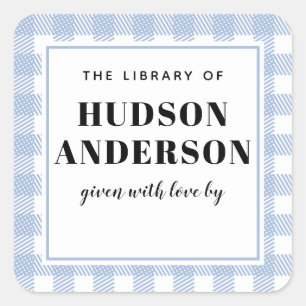 Pale Blue Gingham Kariert Baby Boy Book Plate Quadratischer Aufkleber