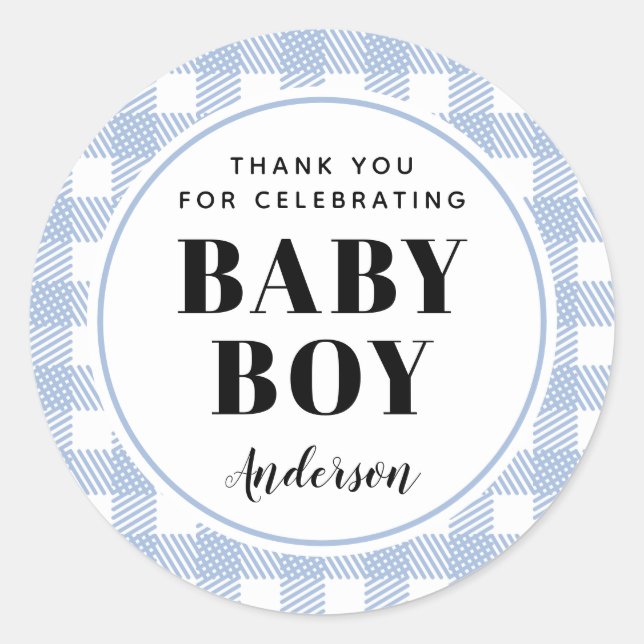 Pale Blue Gingham Kariert Danke, Baby Boy Runder Aufkleber (Vorderseite)
