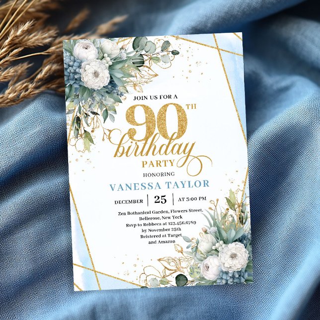 Pale blue gold leaves soft chic 90th birthday  einladung (Pale blue gold leaves soft chic 90th birthday invitation)
