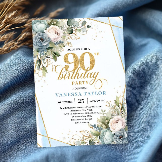 Pale blue gold wreath elegance 90th birthday  einladung (Pale blue gold wreath elegance 90th birthday invitation)