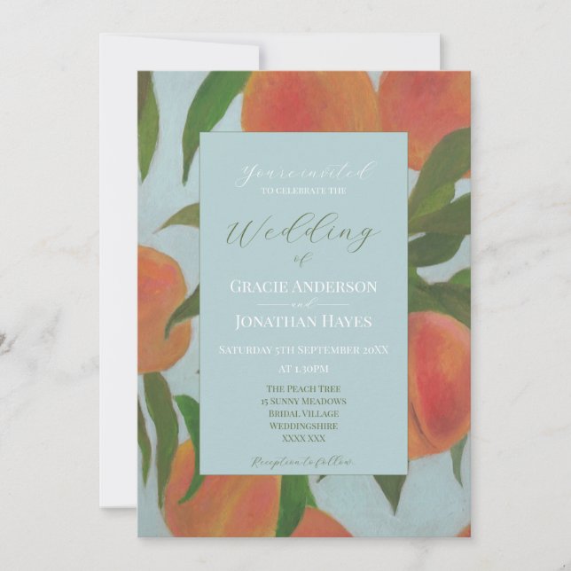 Pale Blue & Peaches Hochzeit  Einladung (Vorderseite)