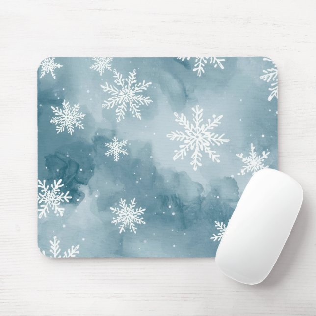 Pale Blue Snowflakes Watercolor Winter Mousepad (Mit Mouse)