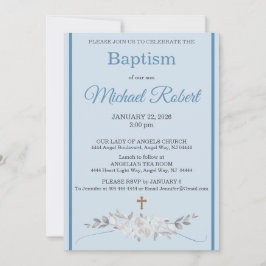 Pale Blue Stripe Floral Watercolor Cross Baptism Einladung