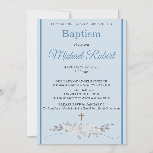 Pale Blue Stripe Floral Watercolor Cross Baptism Einladung (Vorderseite)