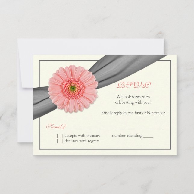 Pale Coral Gerbera Grey Ribbon Wedding Repcard RSVP Karte (Vorderseite)