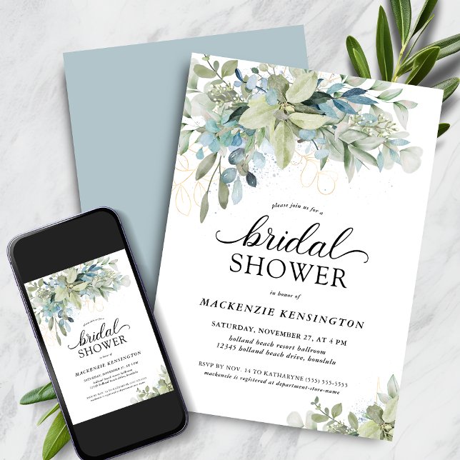 Pale Dusty Blue Eukalyptus Greenery Brautparty Einladung (Pale Dusty Blue Eucalyptus Greenery Bridal Shower Invitation with Digital Download)