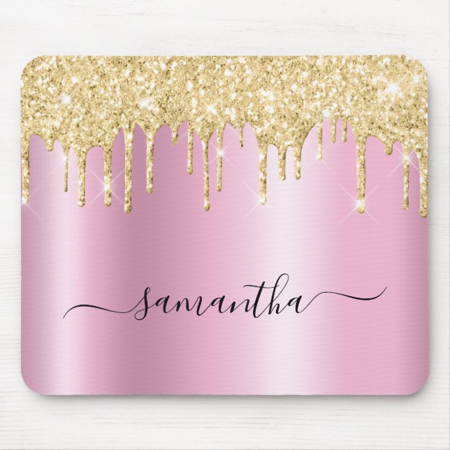 Pale Gold Glitter Drips Pink Shimmer Mousepad (Vorne)
