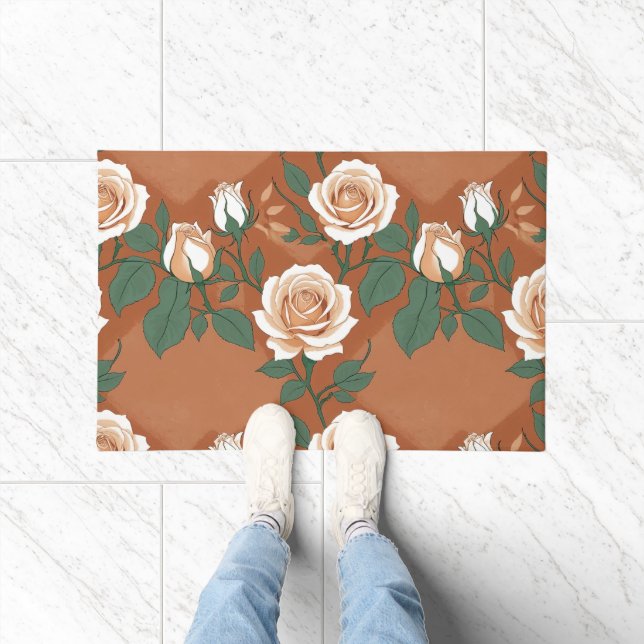 Pale Green And Cream Roses On A Warm Terracotta  Fußmatte (Indoor)
