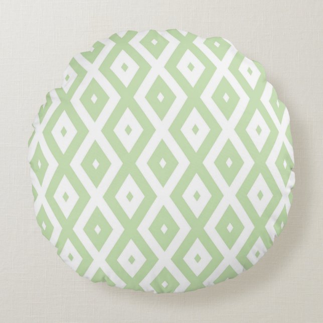 Pale green and white diamond pattern rundes kissen (Vorderseite)