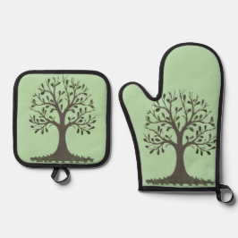 🌳 Pale Green Tree of Life Oven Mitt & Pot Holder Ofenhandschuh & Topflappen-Set