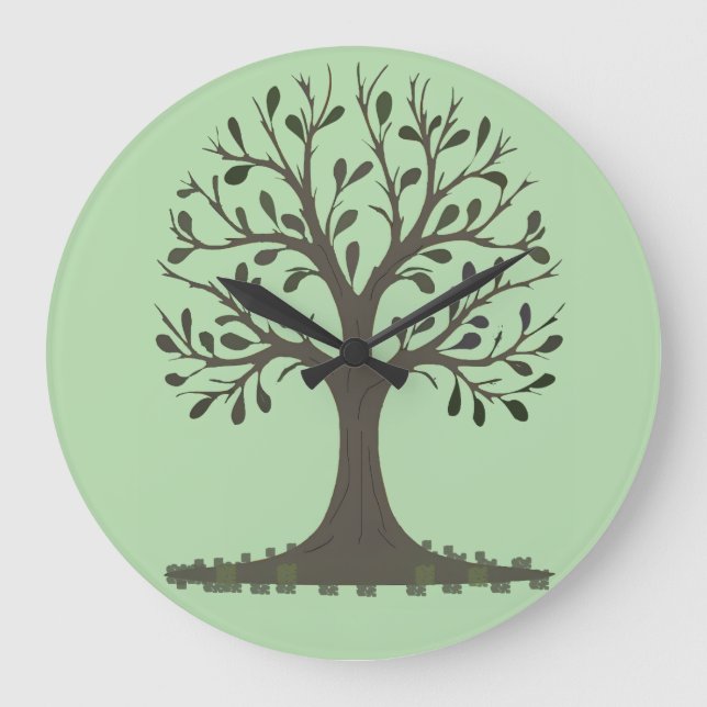🌳 Pale Green Tree of Life Wall Clock Große Wanduhr (Vorderseite)