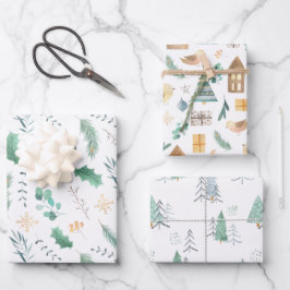 Pale Green und Gold skandinavisches Weihnachtsmust Geschenkpapier Set