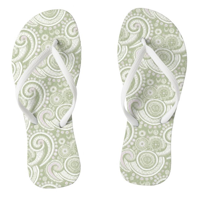 Pale Green und White Paisley Muster Flip Flops (Fußbett)