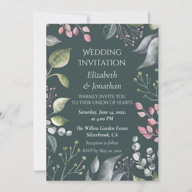Pale Grey & Red Leaves Custom Wedding Invitation Einladung (Vorderseite)