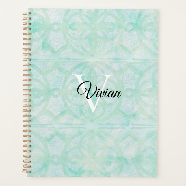 Pale Jade Green Batik Elegant Monogram Name Planer (Vorderseite)