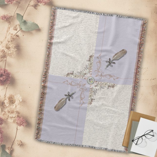 Pale Lavender Serene Manuscript Woven Fringe Decke (Unwind in tranquil lavender comfort. 💜 This beautiful woven throw creates a serene atmosphere.)