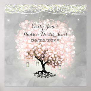 Pale Millennial Pink Heart Leaf Tree Wedding Poster