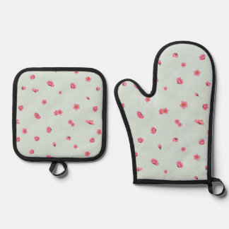 Pale Mint Japanese Red Plum Blossom Floral Pattern Ofenhandschuh & Topflappen-Set