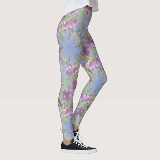 Pale Pastel Blue Sky Wilde Blume Lila Pink Leggings (Rechts)