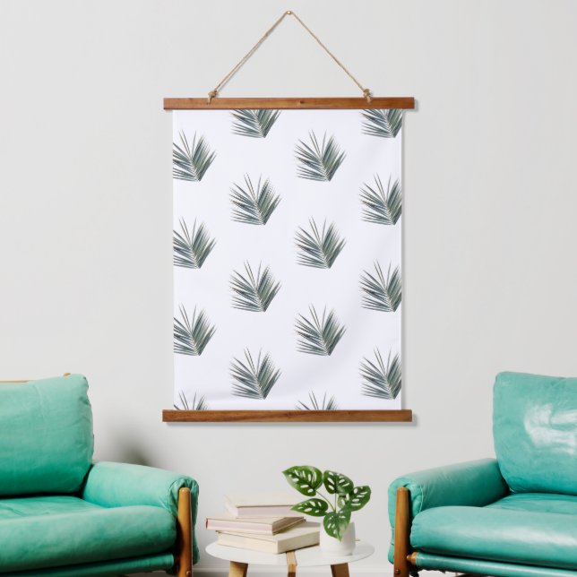 Pale Pastel Green Palm Tree Leaf Muster Wandteppich Mit Holzrahmen (Wohnzimmer)