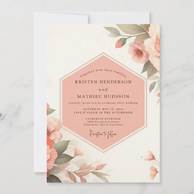 Pale Peach Floral Romance Wedding Einladung (Vorderseite)