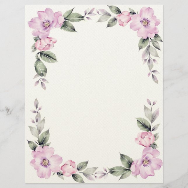 Pale Pink Floral Border Stationery Paper Briefbogen (Vorderseite)