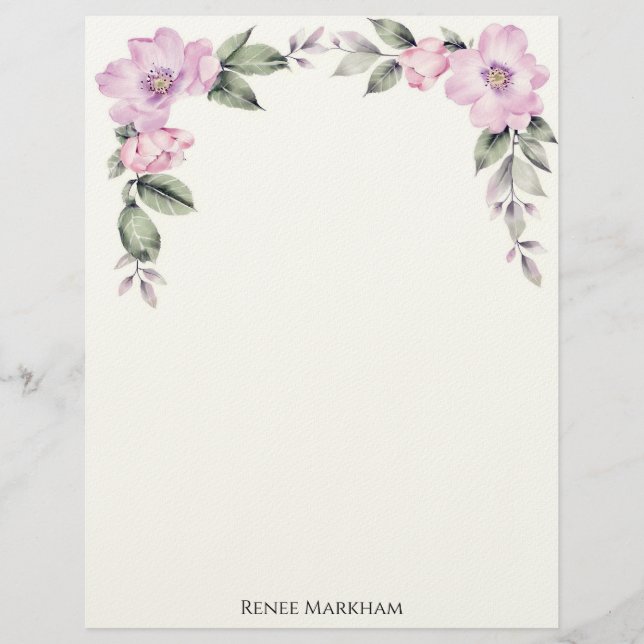 Pale Pink Floral Top Border Stationery Paper Briefbogen (Vorderseite)