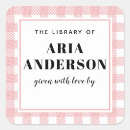 Pale Pink Gingham Kariert Baby Boy Book Plate Quadratischer Aufkleber