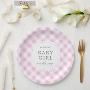 Pale Pink Gingham Kariert Sweet Baby Girl Pappteller