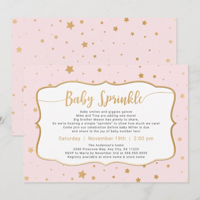 Pale Pink Gold Stars Baby Sprinkle Einladung (Vorne/Hinten)